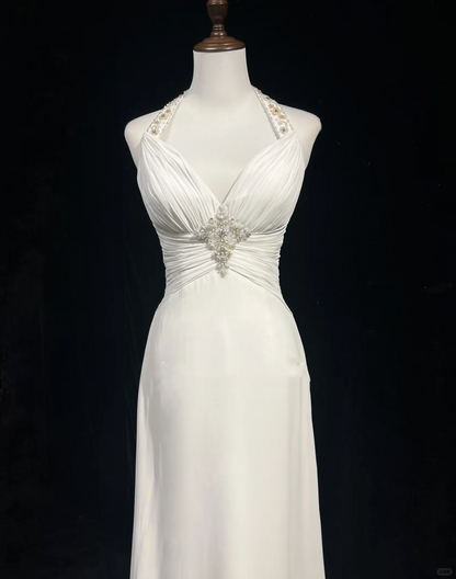 Vestido de novia clásico, corte A, cuello halter, de gasa, blanco, estilo minimalista, DP1696