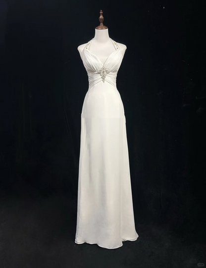 Vestido de novia clásico, corte A, cuello halter, de gasa, blanco, estilo minimalista, DP1696