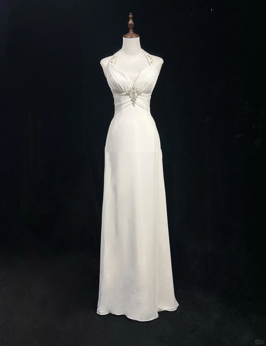 Vestido de novia clásico, corte A, cuello halter, de gasa, blanco, estilo minimalista, DP1696