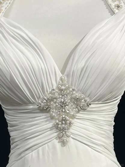 Vestido de novia clásico, corte A, cuello halter, de gasa, blanco, estilo minimalista, DP1696