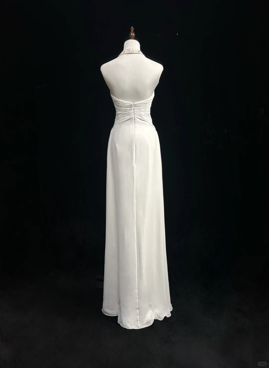 Vestido de novia clásico, corte A, cuello halter, de gasa, blanco, estilo minimalista, DP1696