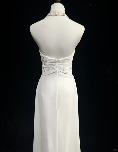 Vestido de novia clásico, corte A, cuello halter, de gasa, blanco, estilo minimalista, DP1696