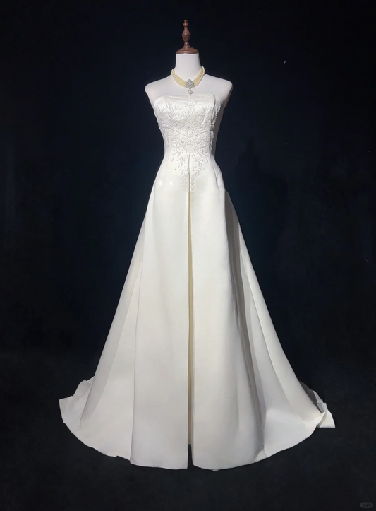 Vestido de novia clásico, vestido de fiesta, sin tirantes, de satén blanco, vestidos de novia minimalistas DP1698