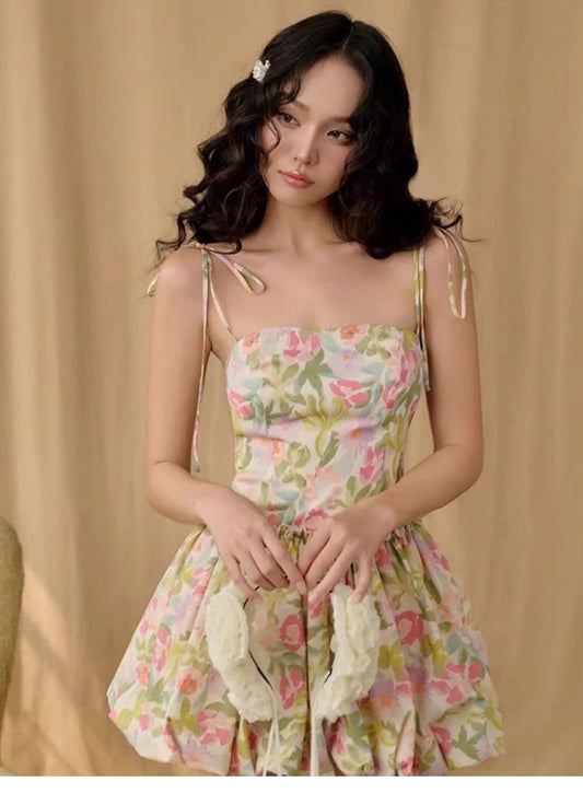 Vestido corto de satén con tirantes finos y estampado floral para cumpleaños de verano, ideal para 23 cumpleaños, DP1703
