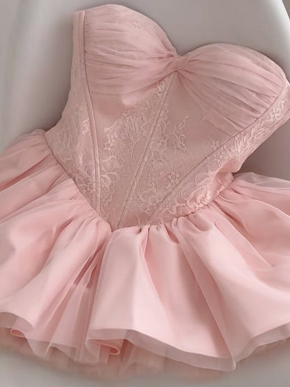 Vestido corto de verano con escote en forma de corazón y encaje rosa para cumpleaños, ideal para fiestas de cumpleaños número 21 (DP1704)