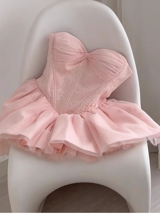 Vestido corto de verano con escote en forma de corazón y encaje rosa para cumpleaños, ideal para fiestas de cumpleaños número 21 (DP1704)