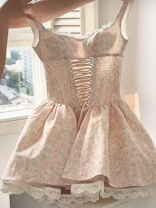 Vestido corto de verano con estampado floral rosa y cuadrado, ideal para fiestas de cumpleaños, 21 años, DP1707