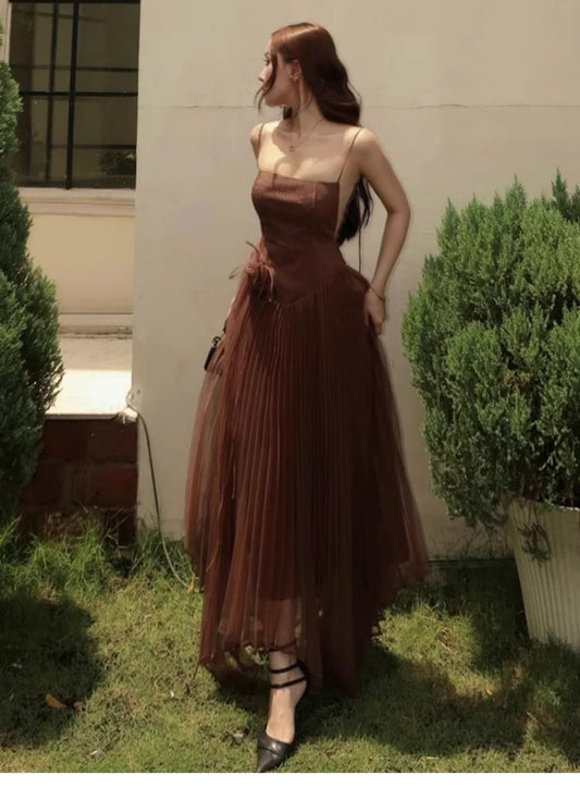 Vestido largo de tul con tirantes finos, corte A, para fiesta de cumpleaños, para verano, 23.º cumpleaños, DP1708