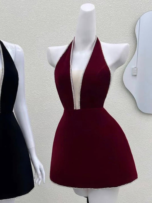 Vestido corto de fiesta de verano con cuello halter, corte A, color burdeos, estilo Hoco, ideal para cumpleaños número 23, minivestidos de fiesta DP1710