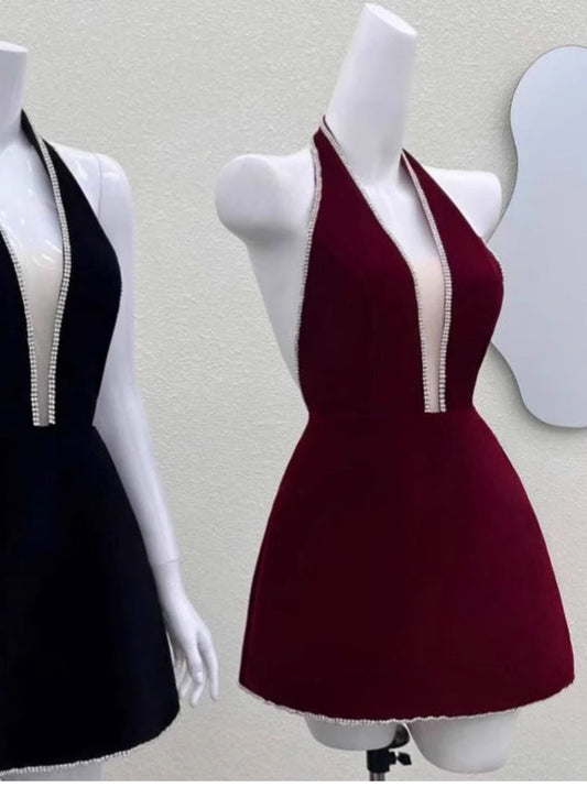 Vestido corto de fiesta de verano con cuello halter, corte A, color burdeos, estilo Hoco, ideal para cumpleaños número 23, minivestidos de fiesta DP1710