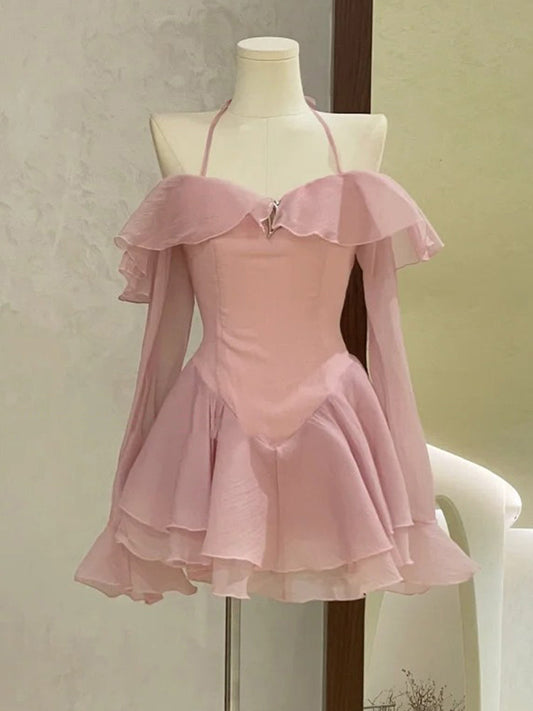 Vestido corto de gasa rosa con corte en A para cumpleaños de verano, minivestido de fiesta para el 23.º cumpleaños, DP1740