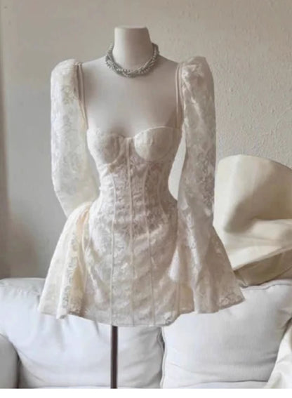 Vestido de verano blanco de encaje con escote en forma de corazón, manga corta y larga, minivestido de cumpleaños para fiesta de cumpleaños número 23, DP1721