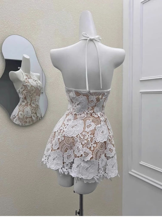 Vestido corto de satén color marfil con cuello halter y corte A para cumpleaños de verano, minivestido de fiesta para 23 cumpleaños, DP1723