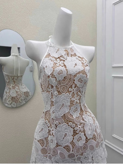 Vestido corto de satén color marfil con cuello halter y corte A para cumpleaños de verano, minivestido de fiesta para 23 cumpleaños, DP1723
