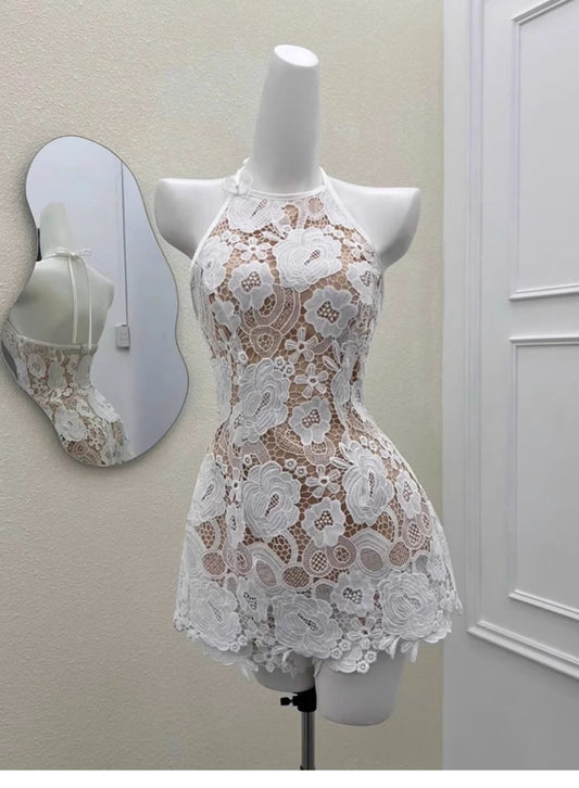 Vestido corto de satén color marfil con cuello halter y corte A para cumpleaños de verano, minivestido de fiesta para 23 cumpleaños, DP1723