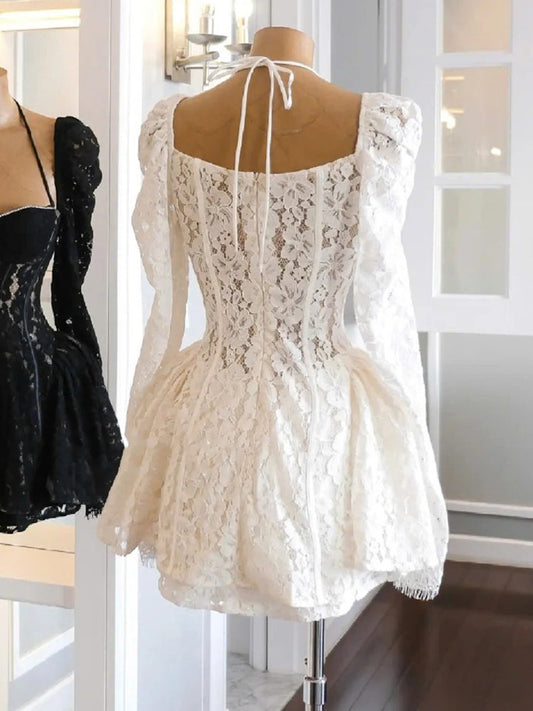 Vestido de verano blanco de encaje con escote en forma de corazón, manga corta y larga, para fiesta de cumpleaños, minivestido de fiesta para 21 años, DP1727
