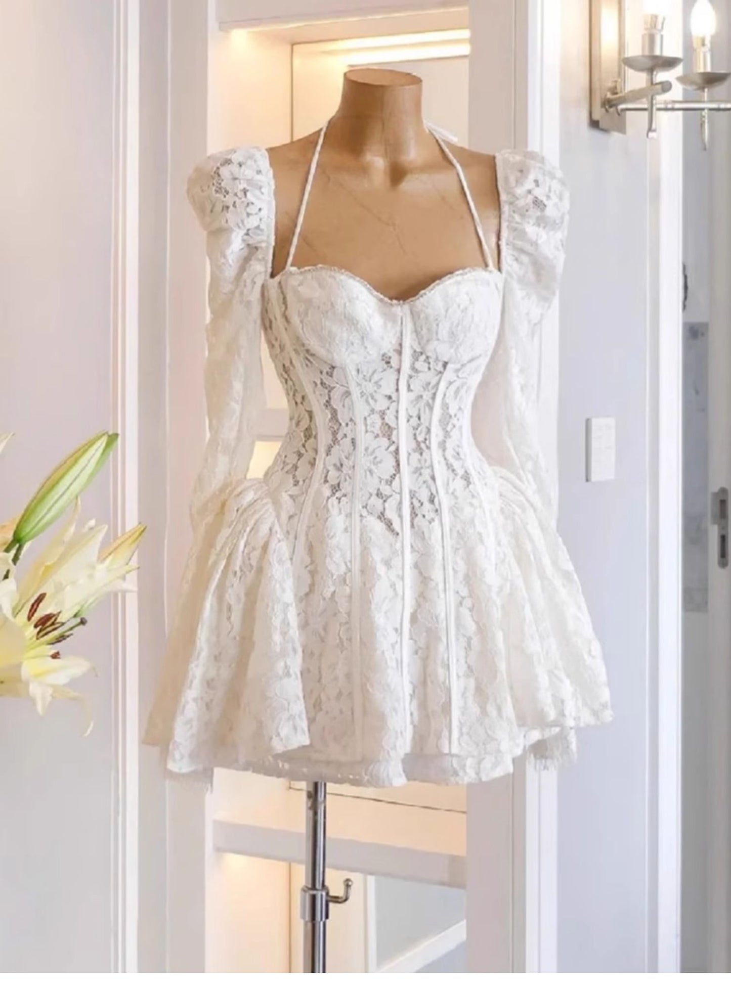 Vestido de verano blanco de encaje con escote en forma de corazón, manga corta y larga, para fiesta de cumpleaños, minivestido de fiesta para 21 años, DP1727