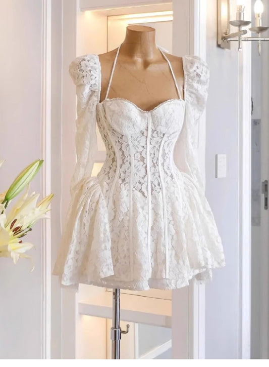 Vestido de verano blanco de encaje con escote en forma de corazón, manga corta y larga, para fiesta de cumpleaños, minivestido de fiesta para 21 años, DP1727