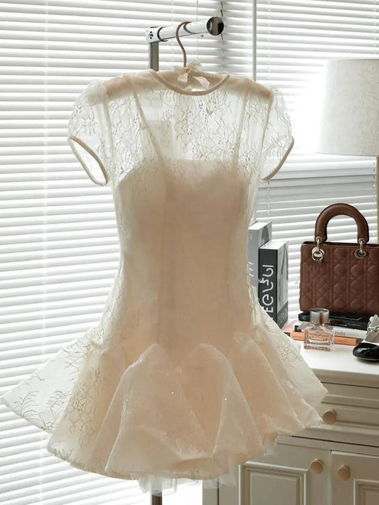 Vestido de verano de encaje con mangas cortas y corte en A, estilo Hoco, minivestido para fiesta de cumpleaños número 21, DP1728