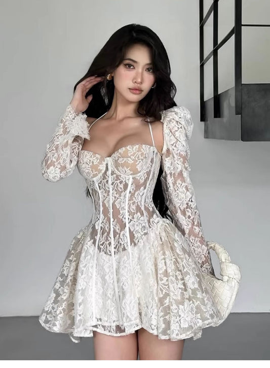 Vestido de verano blanco de encaje con escote en forma de corazón, manga corta y larga, minivestido de cumpleaños para fiesta de cumpleaños número 23, DP1730