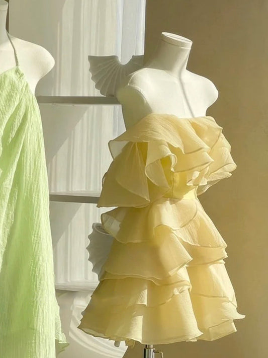 Vestido corto de gasa sin tirantes, corte A, para cumpleaños de verano, minivestido de fiesta para el 23.º cumpleaños, DP1731