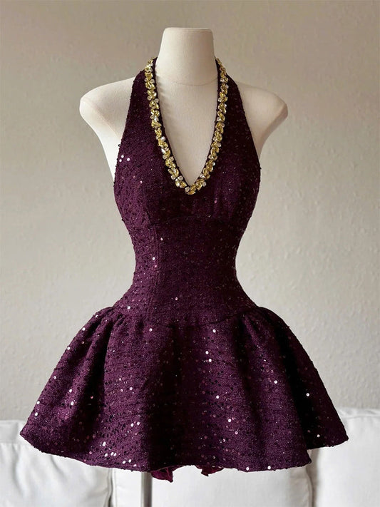 Vestido corto de verano con cuello halter y lentejuelas color uva, corte A, para cumpleaños, minivestido de fiesta para el 23.º cumpleaños, DP1735