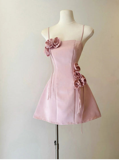 Vestido corto rosa de verano con tirantes finos y corte en A para cumpleaños, vestido Hoco, atuendo para fiesta de cumpleaños número 23, minivestido DP1736