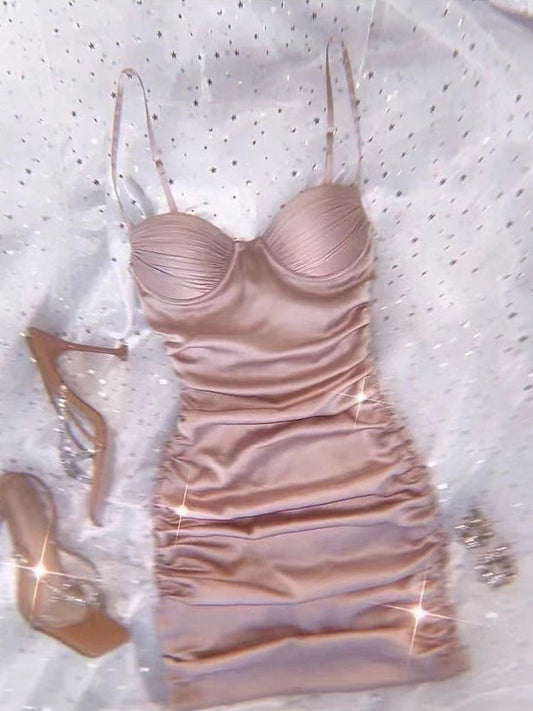Vestido corto de satén rosa con tirantes finos para cumpleaños, minivestido de verano para fiesta de cumpleaños número 23, DP1737
