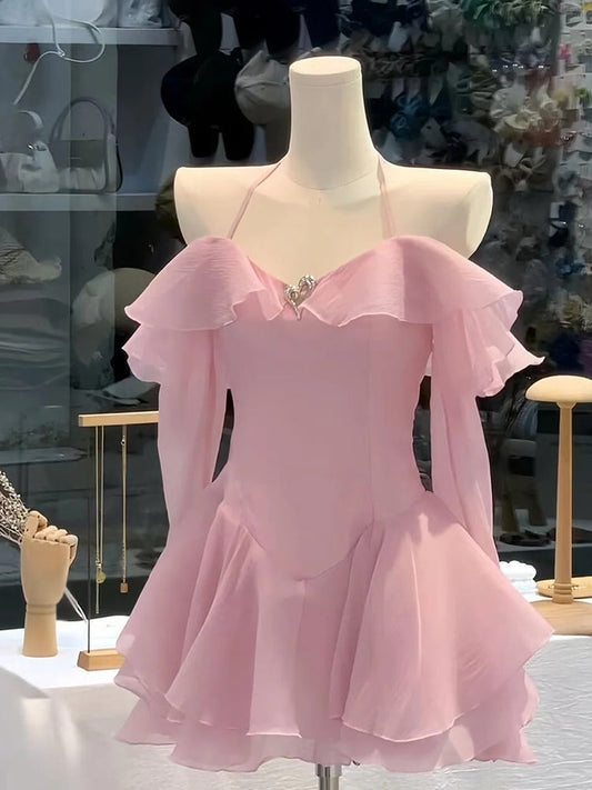 Vestido corto de gasa rosa con corte en A para cumpleaños de verano, minivestido de fiesta para el 23.º cumpleaños, DP1740
