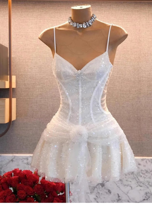 Vestido corto de verano con lentejuelas y tirantes finos, corte A, para cumpleaños, minivestido de fiesta para 23 cumpleaños, DP1741
