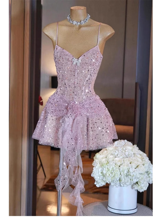 Vestido corto de verano con lentejuelas y tirantes finos, corte A, para cumpleaños, minivestido de fiesta para 23 cumpleaños, DP1741