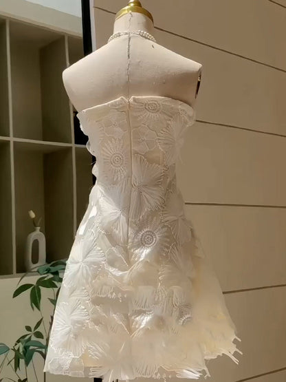 Vestido de cóctel blanco corto de encaje sin tirantes, corte A, sencillo, para verano, DP1751