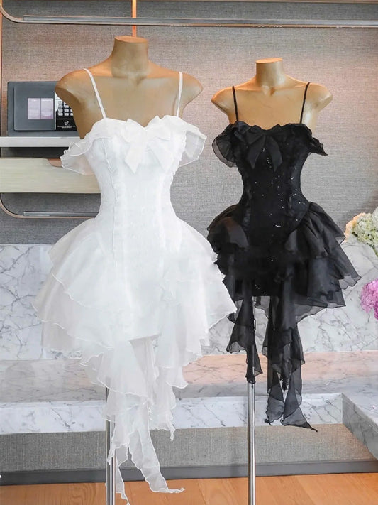 Simple A line Spaghetti Straps Ruffles Black Short Homecoming Dress Summer Hoco Dresses Cocktail Dress DP1774