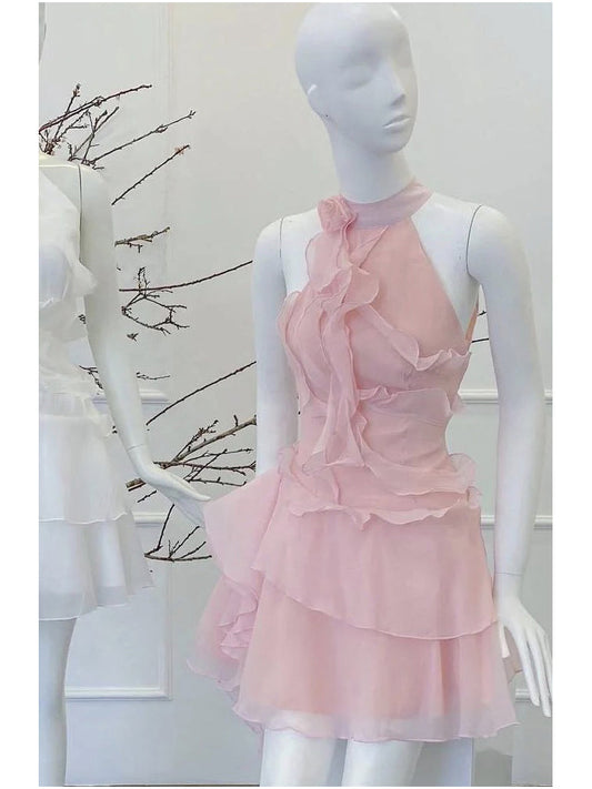 Vestido de fiesta de verano de gasa rosa con cuello halter y corte en A, minivestido para fiesta de 18 cumpleaños, vestido de cóctel DP1781