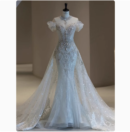 Vestido de novia de ensueño con corte sirena y hombros descubiertos, con lentejuelas, DP1797