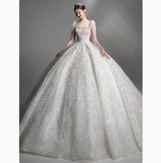 Hermoso vestido de novia blanco con escote cuadrado, encaje y mangas largas, DP1800