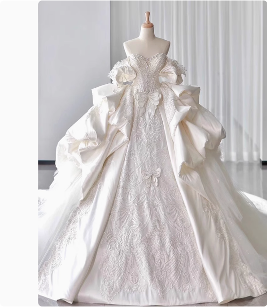 Vestido de novia de ensueño, de satén, con hombros descubiertos, DP1803