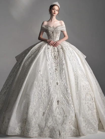 Vestido de novia de ensueño, vestido de fiesta con hombros descubiertos y lentejuelas, DP1805