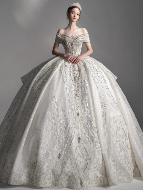 Vestido de novia de ensueño, vestido de fiesta con hombros descubiertos y lentejuelas, DP1805