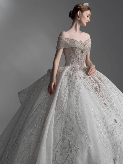 Vestido de novia de ensueño, vestido de fiesta con hombros descubiertos y lentejuelas, DP1805