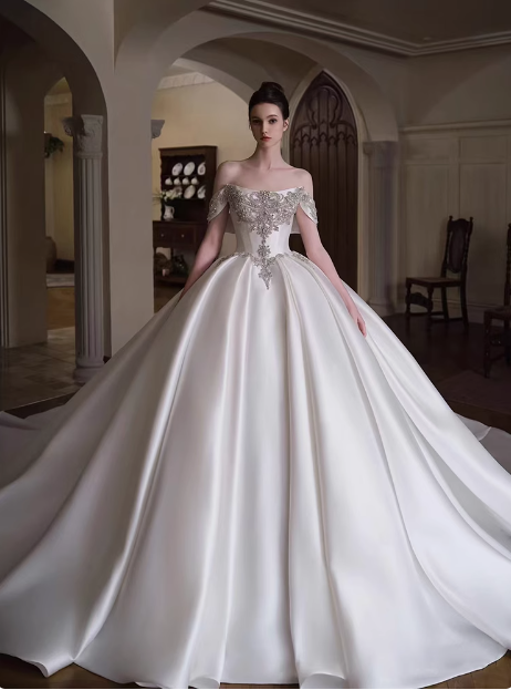 Vestido de novia de ensueño, vestido de fiesta con hombros descubiertos, satén, DP1807