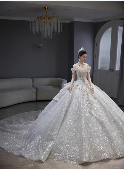 Vestido de novia de ensueño, vestido de fiesta con hombros descubiertos y lentejuelas, DP1808