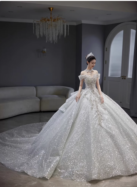 Vestido de novia de ensueño, vestido de fiesta con hombros descubiertos y lentejuelas, DP1808