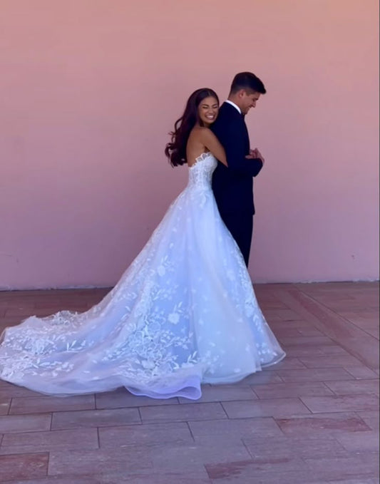 Hermoso vestido de novia largo blanco de tul sin tirantes DP1819