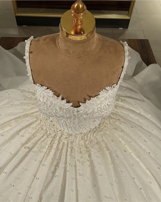 Hermoso vestido de novia largo blanco con tirantes finos y lentejuelas, DP1822
