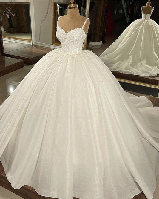 Hermoso vestido de novia largo blanco con tirantes finos y lentejuelas, DP1822