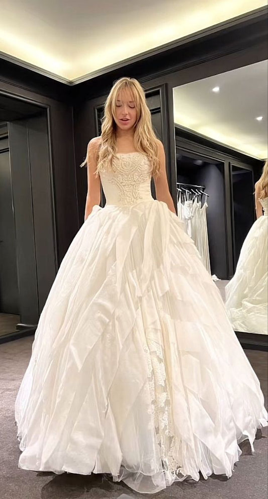 Hermoso vestido de novia largo blanco sin tirantes de encaje DP1832