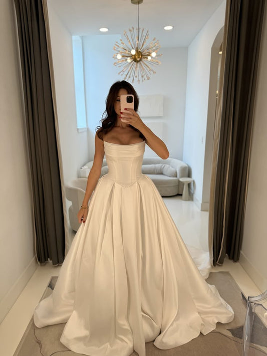 Vestido de novia sencillo, largo, sin tirantes, de satén blanco, DP1833