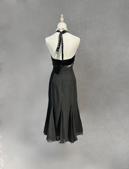 Vestido de fiesta elegante de gasa negra con cuello halter y corte A, vestido de cóctel de verano DP1837