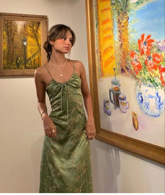 Vestido de fiesta de satén verde vintage con tirantes finos, vestido de noche TP4549
